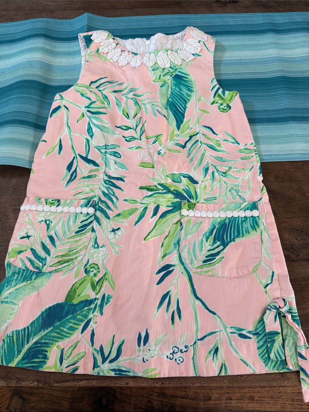 Lilly Pulitzer Pink Tropical Leaf Shift dress with Pocket/ Neckline Embroidery